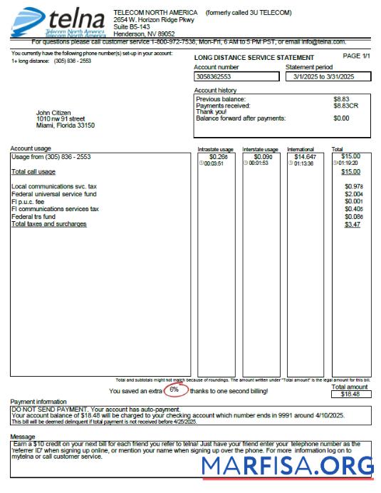 Blank USA Telna utility bill template in Word and PDF formats
